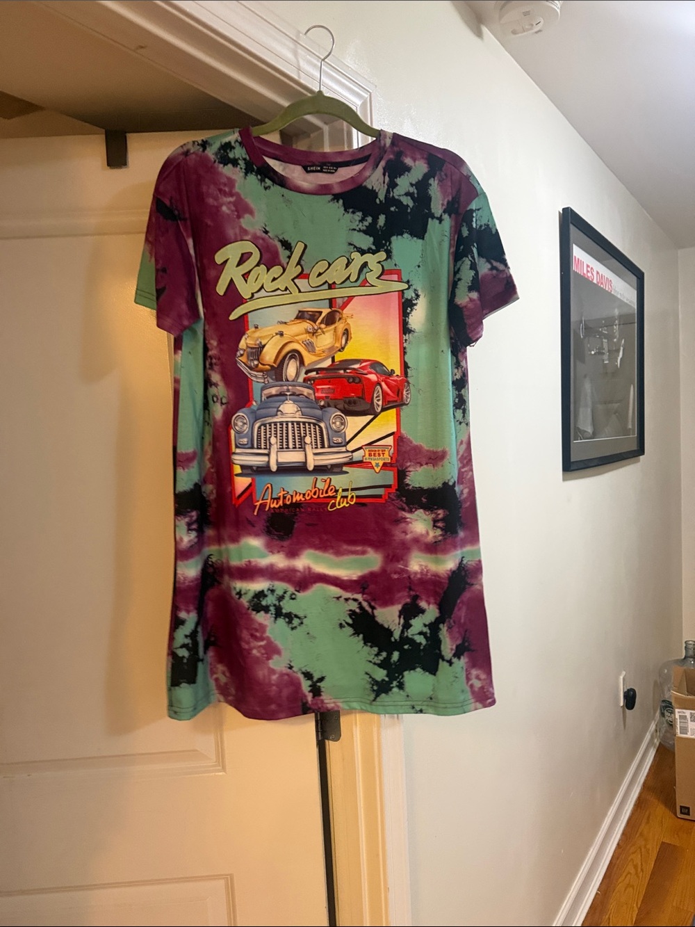 Women’s Rock Cars Tie-Dye Graphic Tee Shirt Dress Green & Purple